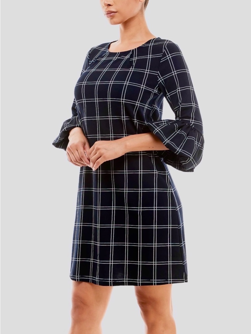 Nina Leonard Navy Windowpane Ruffle-Sleeve Dress, Size Large, NWT
